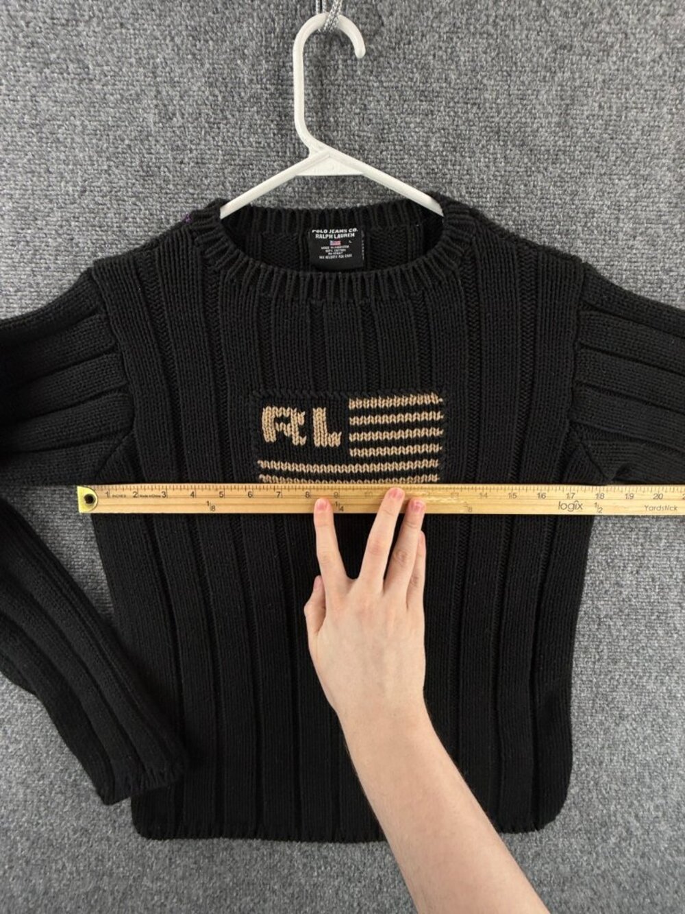 Ralph Lauren USA Flag Sweater Women Large Black Cotton Ribbed Knit Stretch Crew - Picture 5 of 13